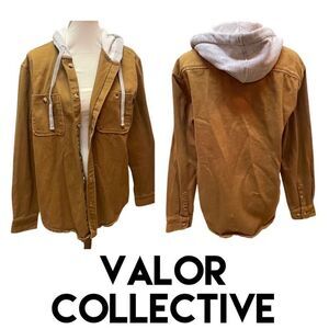 Valor Collective Canvas Denim Tan Button Down Jacket With Gray Hood Size Medium-
